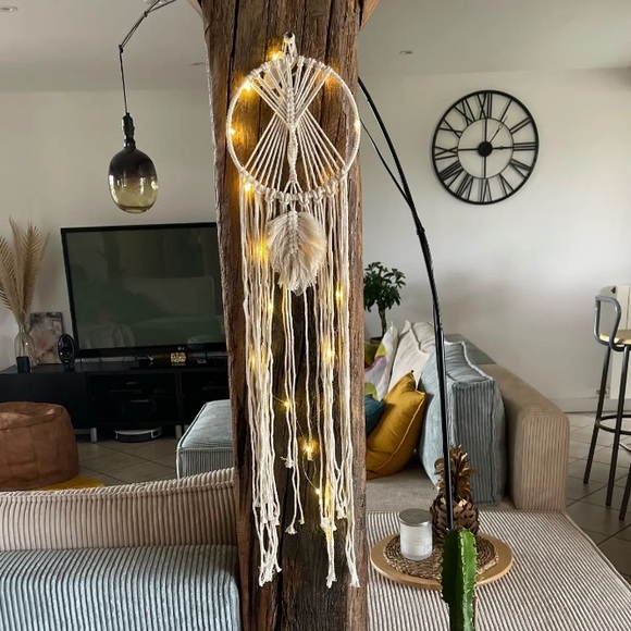 Handmade Bohemian Macramé Wall Hanging w/ Feather Accent Boho Wall Art - Picture 2 of 4